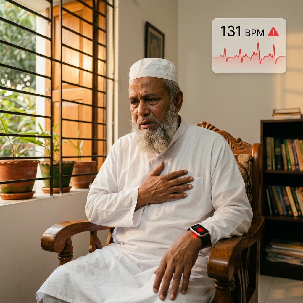 Heart rate spikes to 131 BPM.